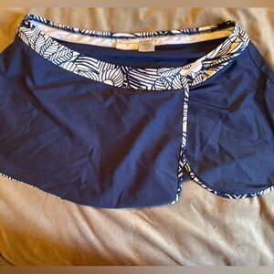 Navy Blue Swim Skirt with Leaf Print Trim